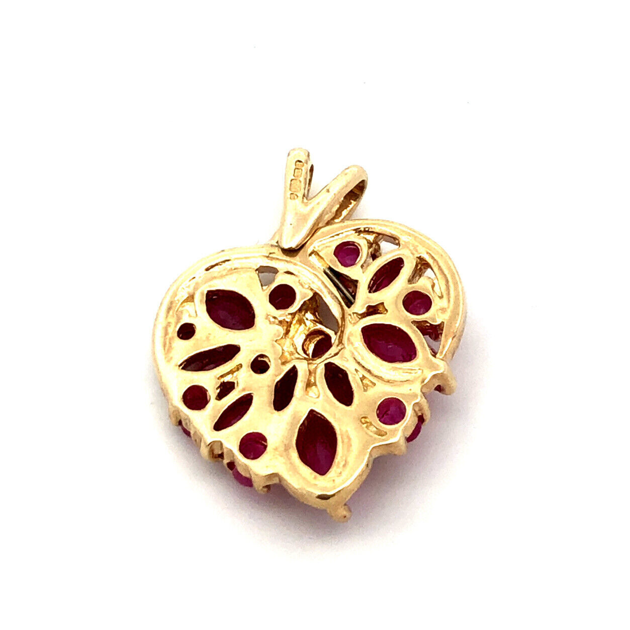 Vintage 10K Yellow Gold Marquise Round Ruby Cluster Heart Pendant