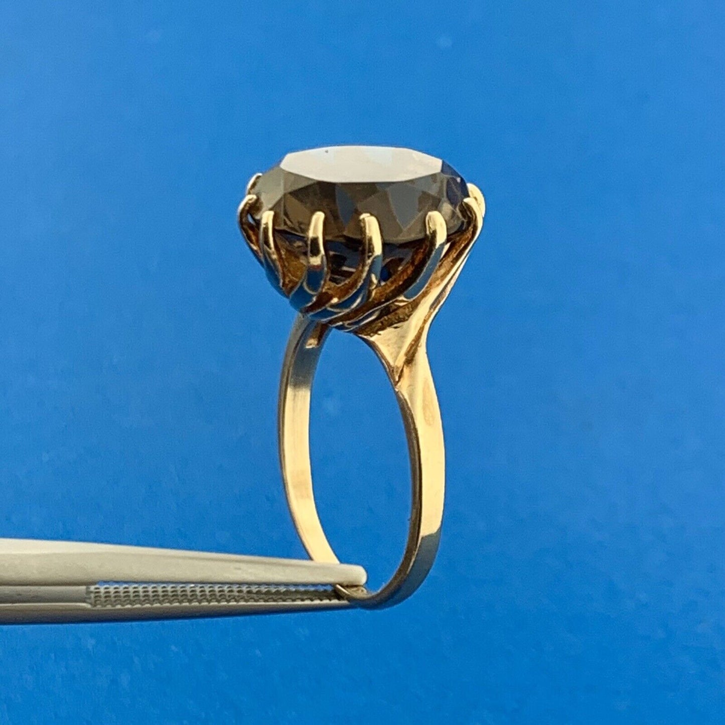 Retro 10K Yellow Gold Smoky Quartz Solitaire Statement Cocktail Ring
