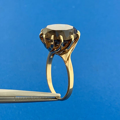 Retro 10K Yellow Gold Smoky Quartz Solitaire Statement Cocktail Ring