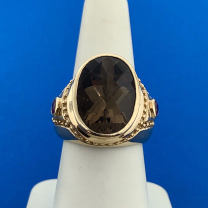 14K Yellow Gold Oval Cushion Cut Smoky Quartz Ruby Accented Statement Ring