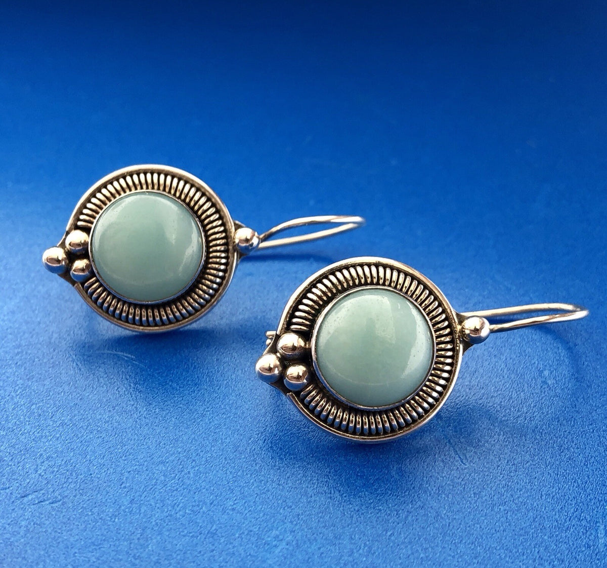 Designer BA Sterling Silver 925 Blue Aventurine Bead Scroll Hook Drop Earrings