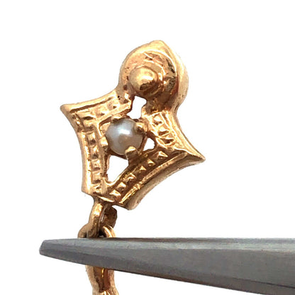 Vintage 14K Yellow Gold Oval Garnet Seed Pearl Dangle Drop Earrings