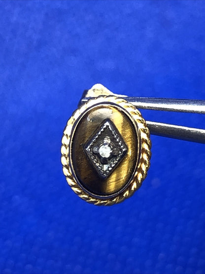Vintage 14K Yellow Gold Oval Tigers Eye Diamond Accented Stud Earrings
