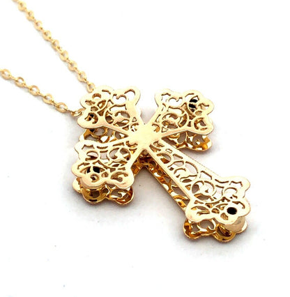 Estate Italy 14K Yellow Gold Open Work Scroll Cross Pendant Necklace
