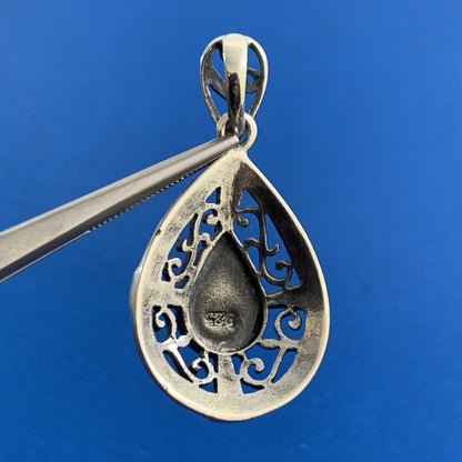 Balinese Style 925 Sterling Silver Pear Turquoise Bead And Scroll Pendant