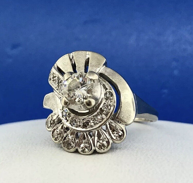 Art Deco 14K White Gold Diamond Solitaire Accents Free Form Engagement Ring