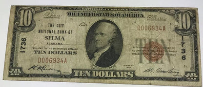 1929 Type 1 $10 The City National Bank of Selma Alabama Charter 1736 Tough Note!