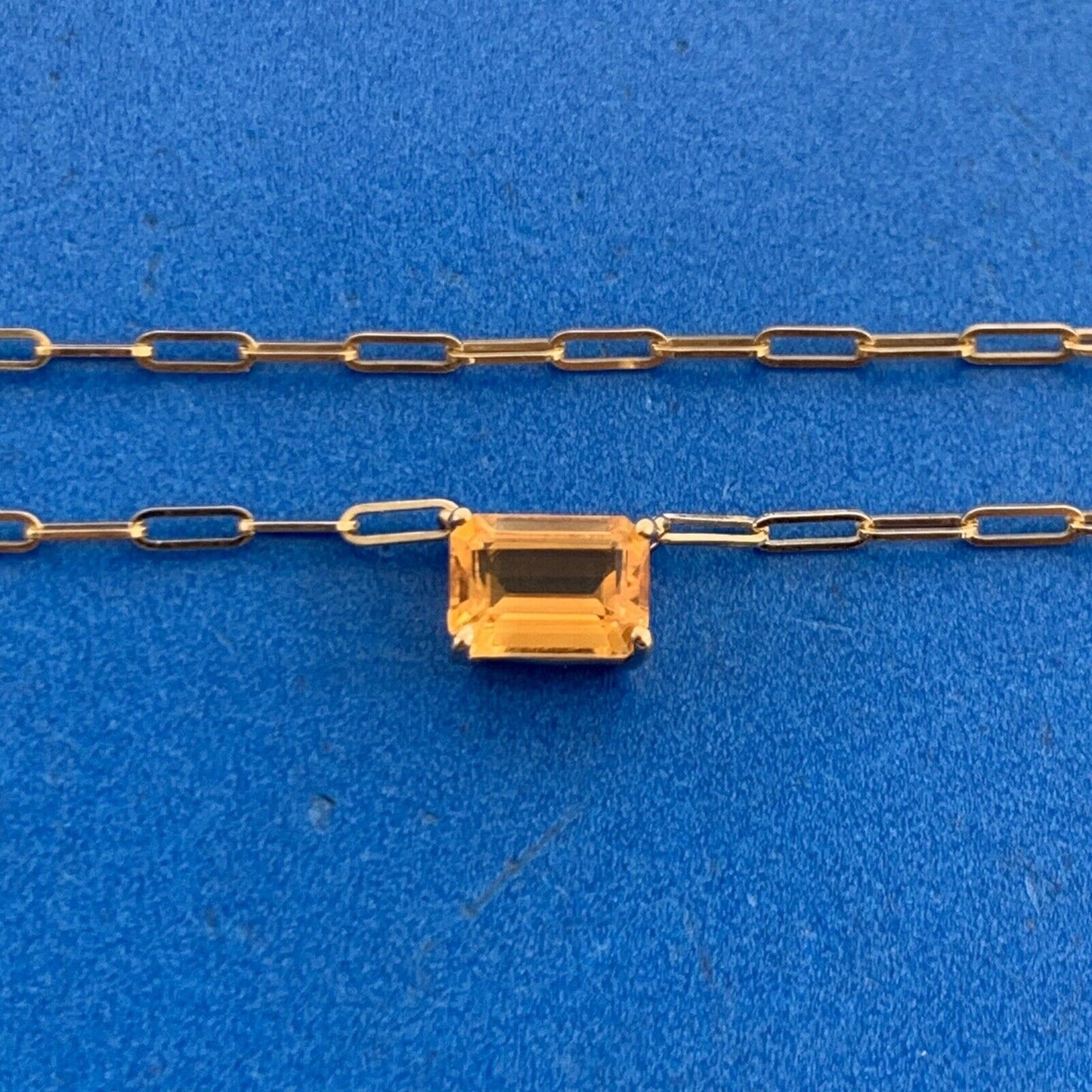 Designer 14K Yellow Gold Emerald Cut Citrine Paper Clip Chain East West Necklace