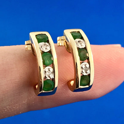 Elegant 14K Yellow Gold Emerald Diamond Channel Set Anniversary Huggie Earrings