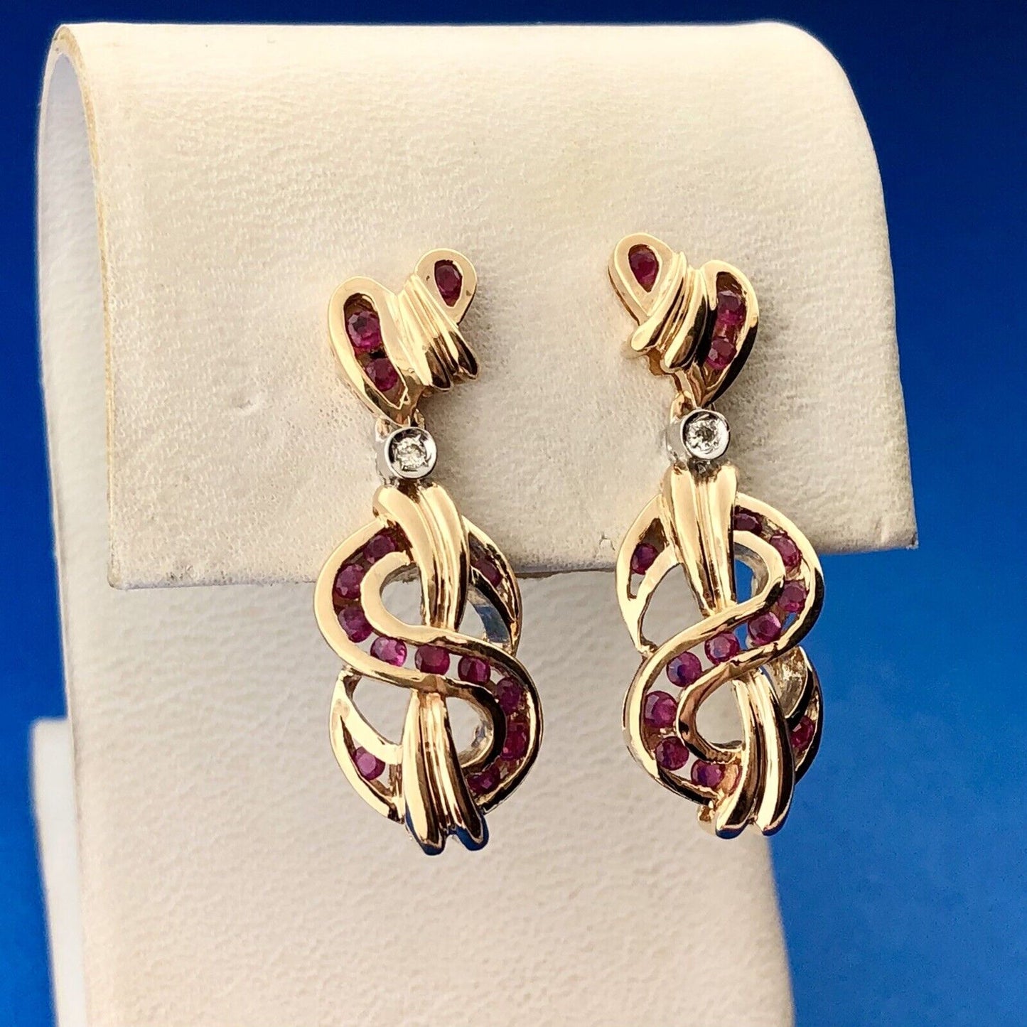 Designer 14K Yellow Gold Ruby Diamond Abstract Heart Inifinity Dangle Earrings