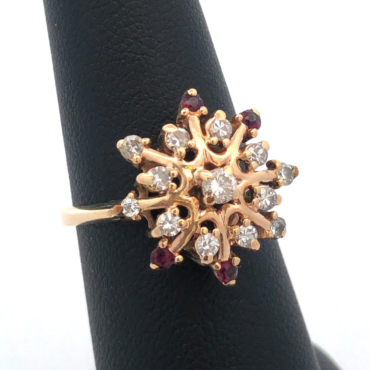 Designer 14K Yellow Gold Diamond Ruby Accent Starburst Snowflake Cocktail Ring