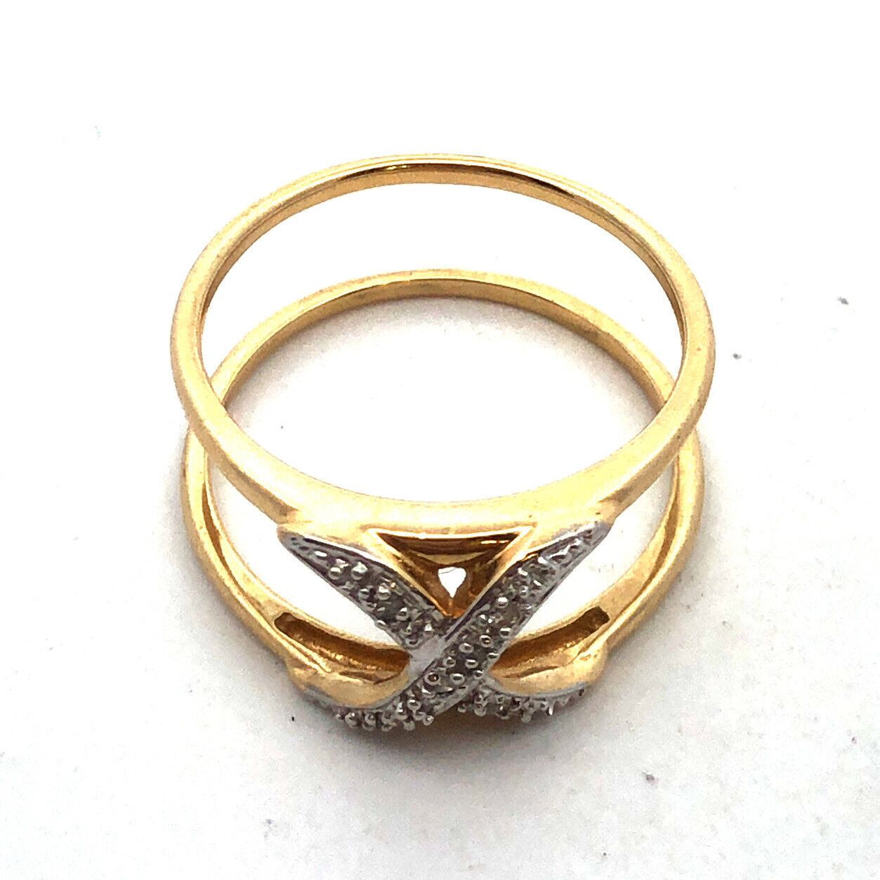 Gorgeous 14k Yellow Gold Round Cut Diamond X Double Band Ring Guard Size 7