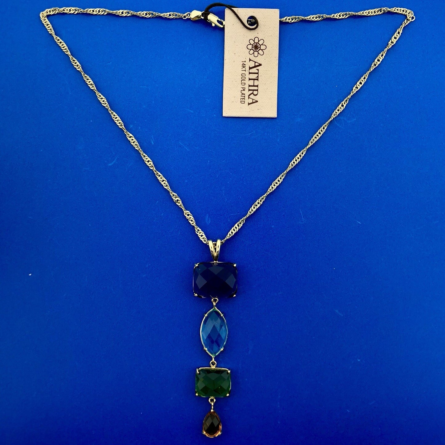 ATHRA 14K Gold Plated Purple Blue Green Orange Cubic Zirconia Drop Necklace NWT
