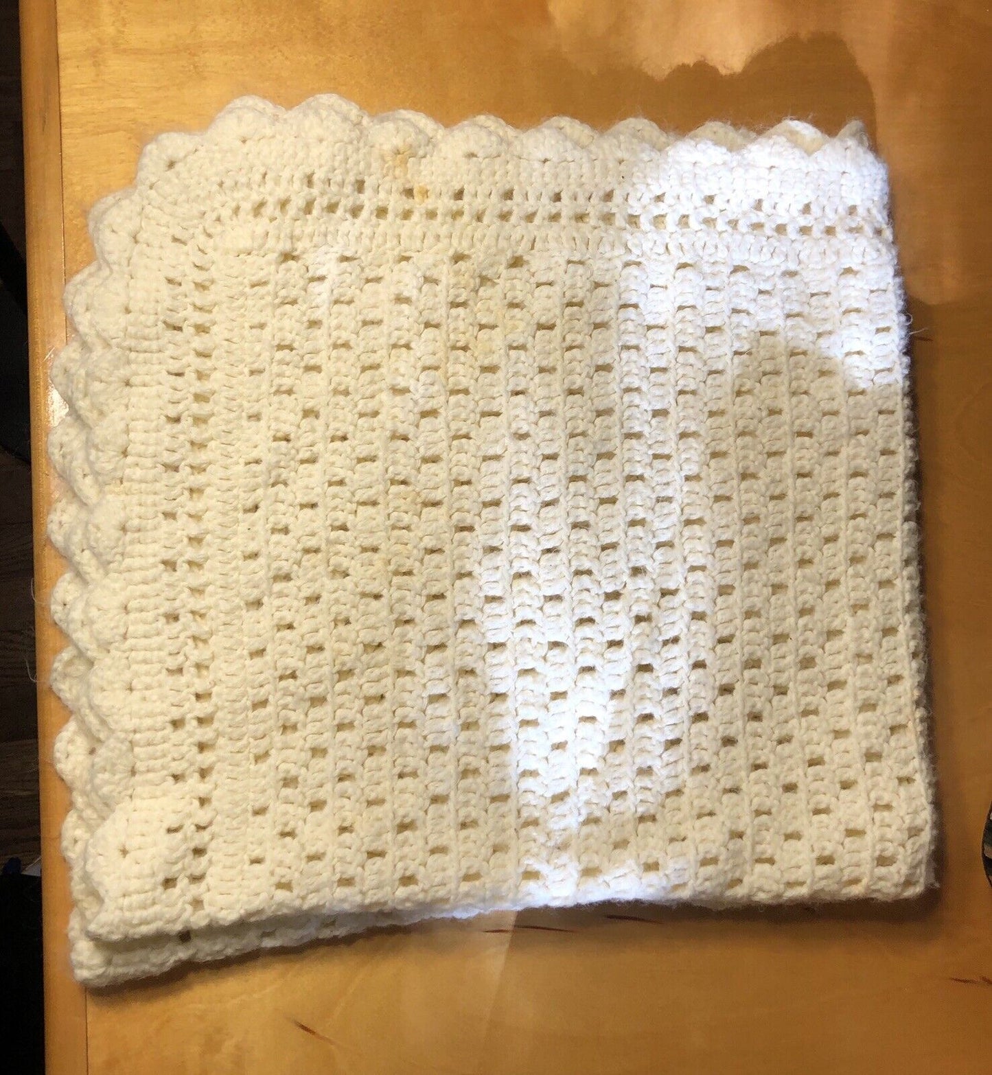 Hand Crocheted Knited Cream Colored Unisex Square Baby's Blanket