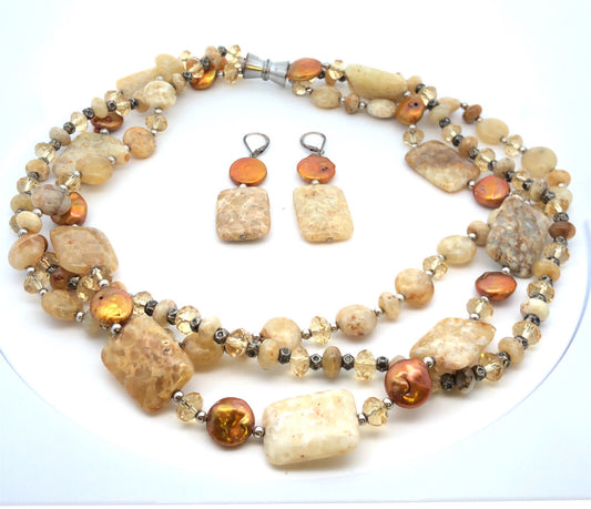 Vintage Silver Tone Polished Agate Pearl Crystal Beaded Necklace Earring Set