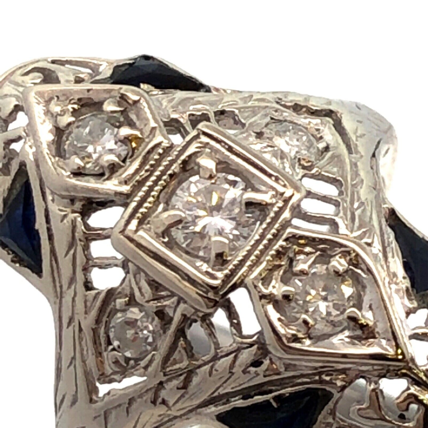 Vintage Art Deco 14K White Gold Diamond Lab Created Sapphire Filigree Oval Ring