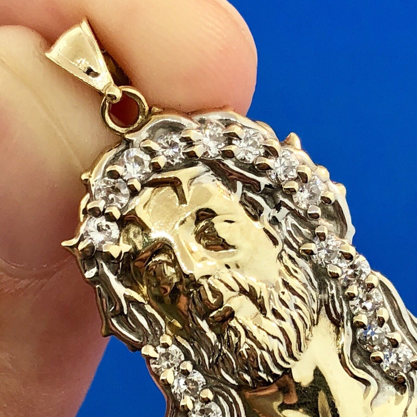 Designer 10K Yellow White Gold Cubic Zirconia CZ Jesus  Christ Statement Pendant