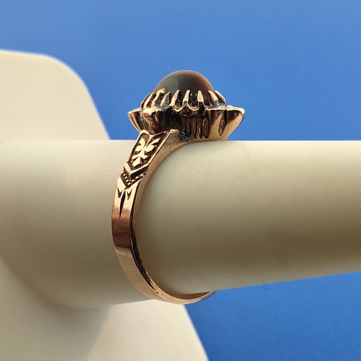 Art Deco Art Nouveau 10K Rose Gold Tigers Eye Seed Pearl Cocktail Ring