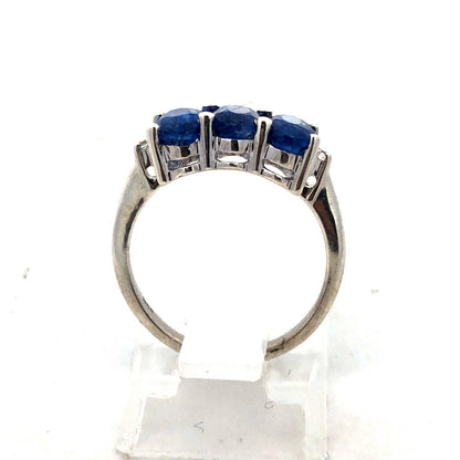 925 Sterling Silver Oval Blue Spinel Trio Round Diamond Accented Ring
