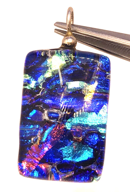 925 Sterling Silver Modernist  Multicolor Diachroic Glass Rectangle Pendant
