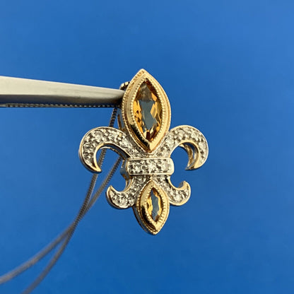 Vintage 14K Yellow White Citrine Diamond Fleur De Lis November Pendant Necklace