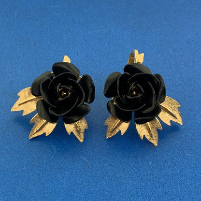 Mid Century Trifari Gold Tone Black Resin Rose Clip On Statement Earrings