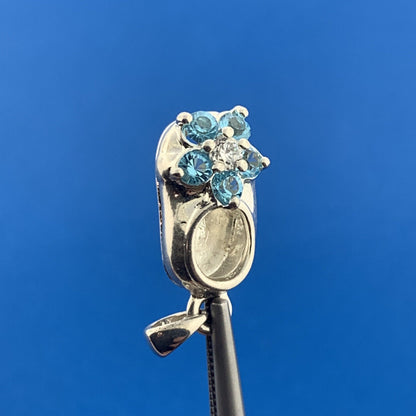 Silver Toned Round Blue White Sparkling CZ Child's Floral Shoe Dangle Pendant