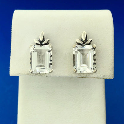 Stunning Sterling Silver 925 Emerald Cut Quartz Friction Back Stud Earrings