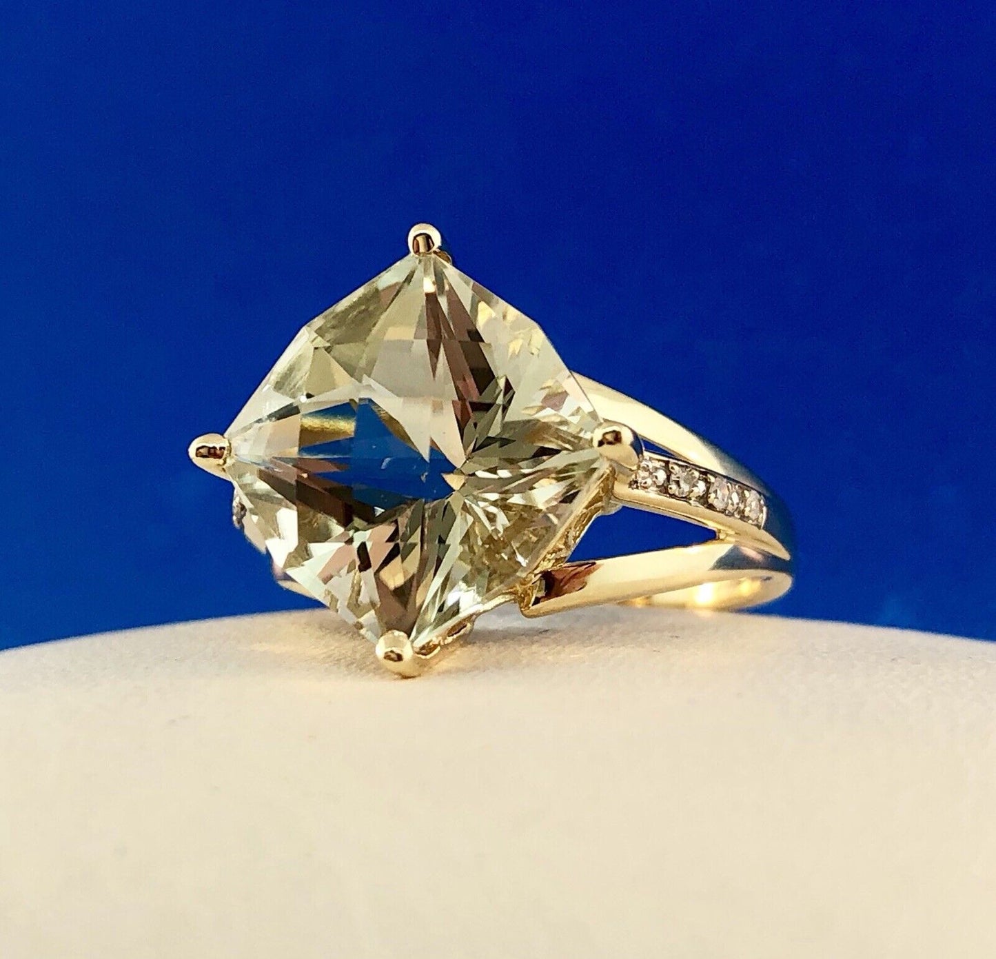 Designer 14K Yellow Gold Green Amethyst Prasiolite Diamond Accent Statement Ring