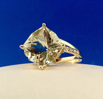 Designer 14K Yellow Gold Green Amethyst Prasiolite Diamond Accent Statement Ring