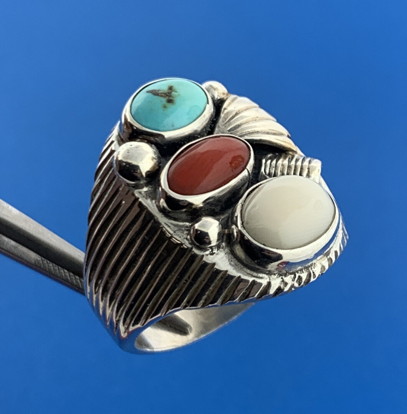 Designer Many Claw Sterling Silver 925 Turquoise Coral Agate Dome Ring Size 11