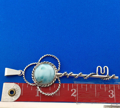 Retro 925 Sterling Silver Larimar Pectolite Skeleton Key Statement Pendant