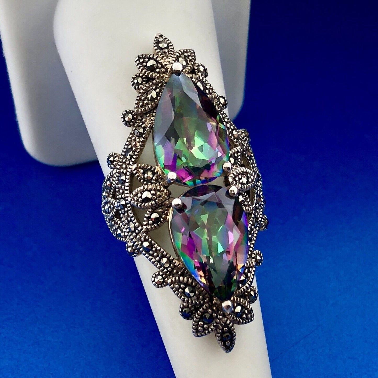 Designer BBJ Sterling Silver 925 Mystic Topaz Marcasite Statement Finger Ring