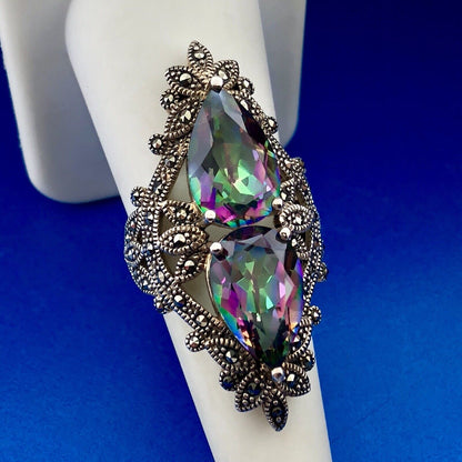 Designer BBJ Sterling Silver 925 Mystic Topaz Marcasite Statement Finger Ring