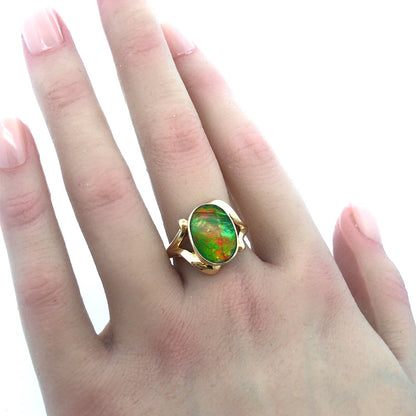 Modernist 14K Yellow Gold Orange Green Opal Oval Doublet Cocktail Ring
