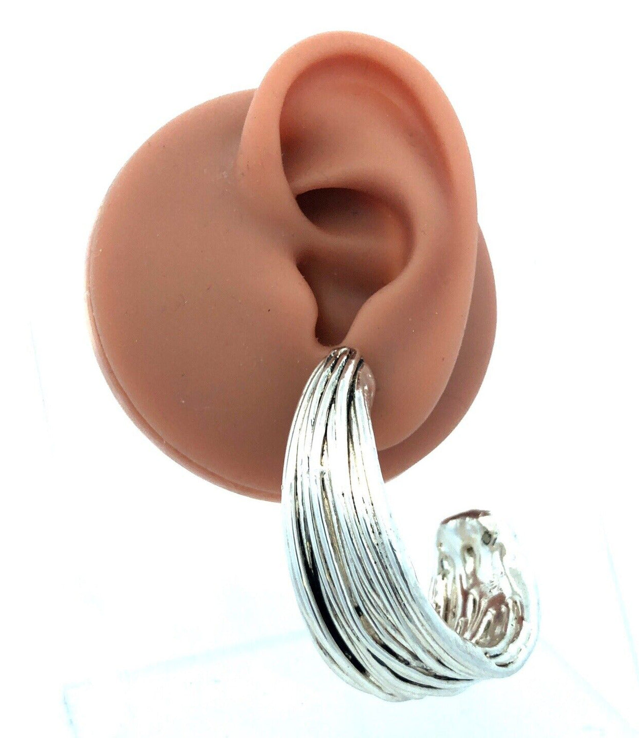 Estate Sterling Silver Textured Ribbed Modernist Drop Dangle Half Hoop Earrings