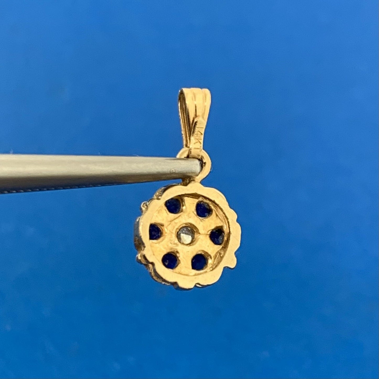 14K Yellow Gold Blue Sapphire Diamond Accented Floral Petite Charm Pendant