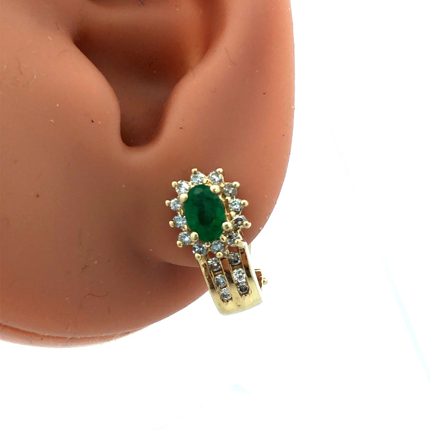 14K Yellow Gold Designer Oval Emerald Diamond Halo Drop Stud Earrings