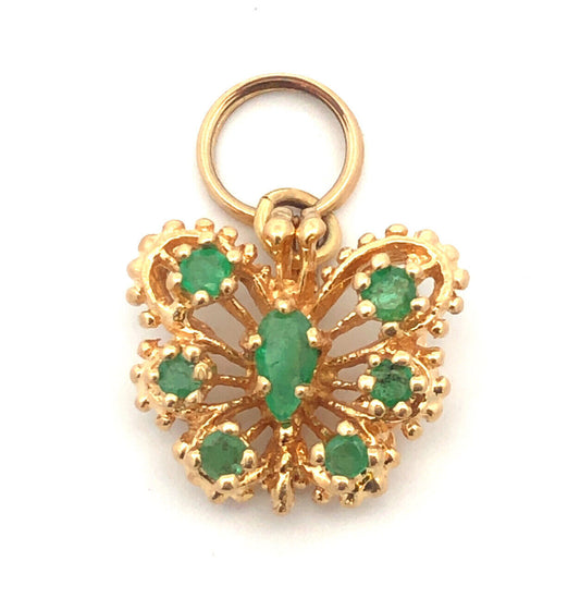 Charming Vintage 14K Yellow Gold Emerald Butterfly Filigree Charm Pendant