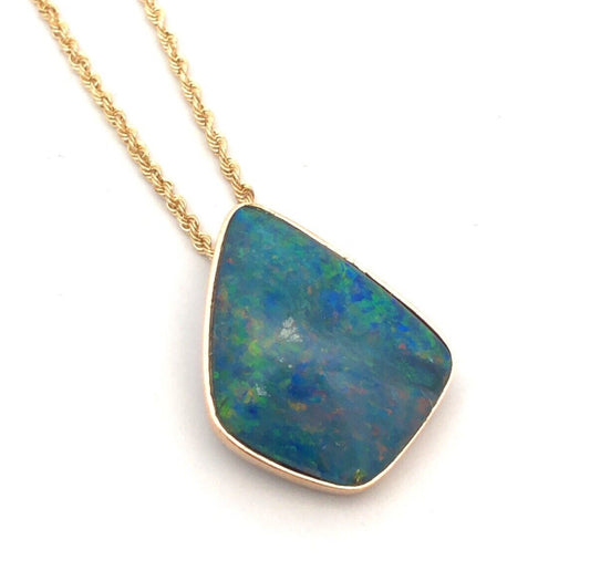 Designer IAJ 14K Yellow Gold Black Blue Opal Cabochon Bezel Pendant Necklace
