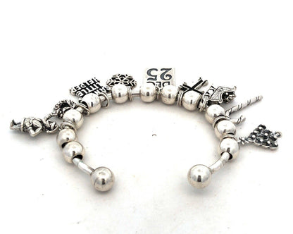 Vintage SJC 925 Sterling Silver Christmas Holiday Theme Beaded Charm Bracelet