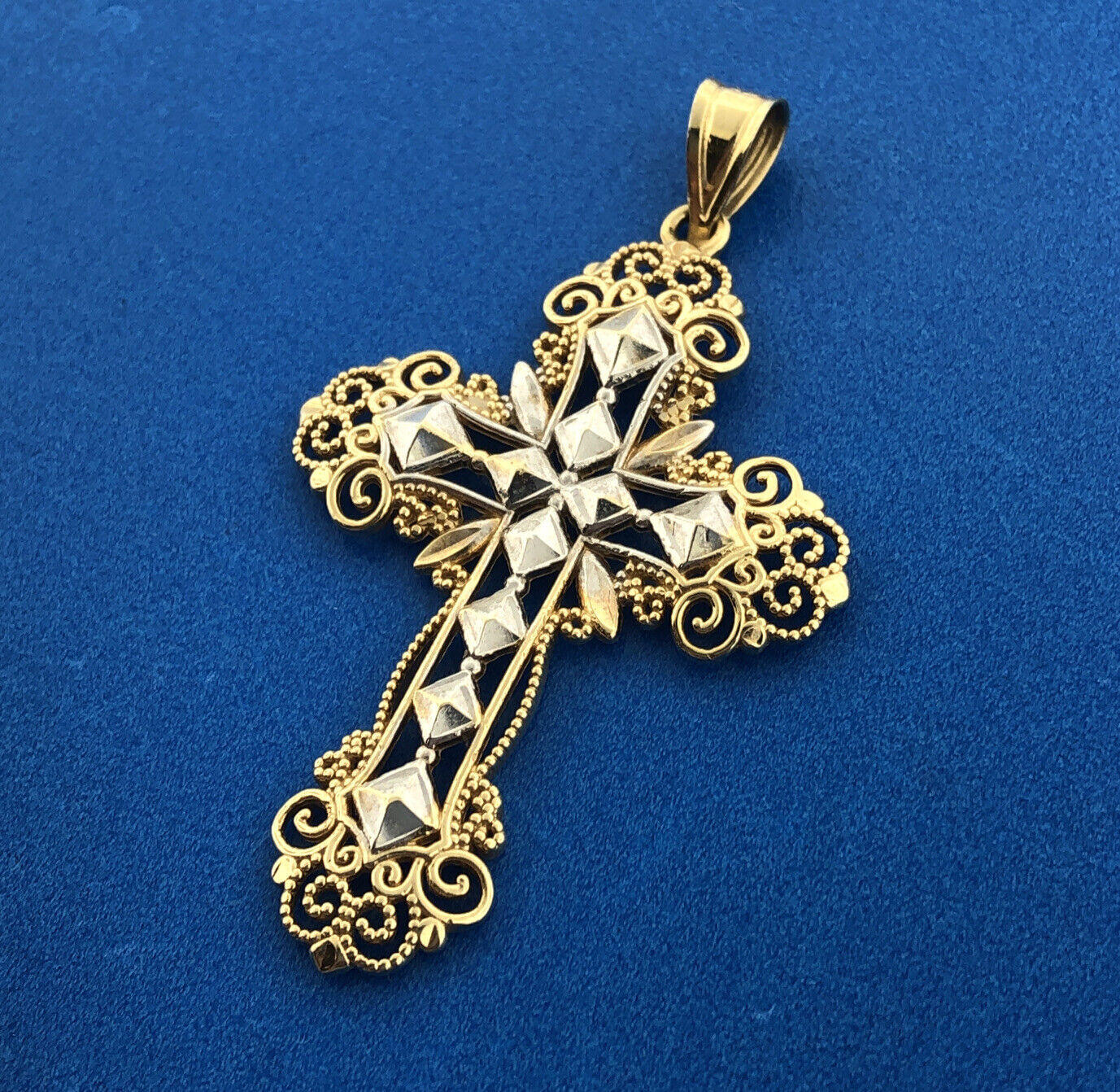 Gorgeous 14k Yellow Gold Openwork Filigree Religious Faith Cross Dangle Pendant