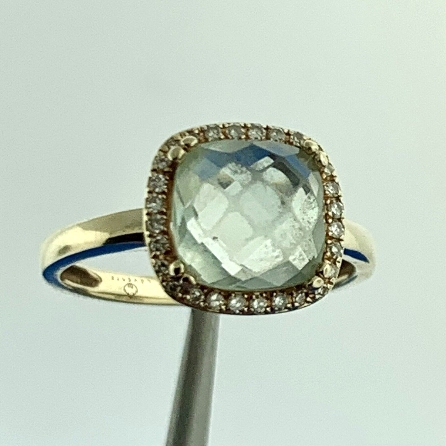 14k Yellow Gold Faceted Cushion Green Tourmaline Diamond Accent Size 6.25 Ring