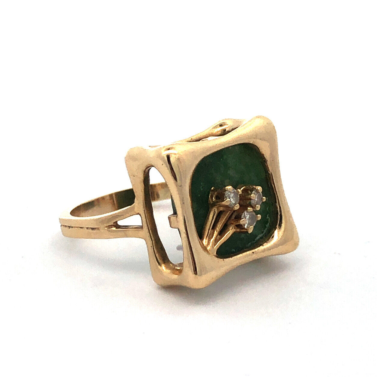 Designer 14K Yellow Gold Green Square Jade Diamond Modernist Statement Ring