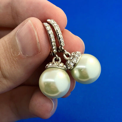 Elegant Silver Tone Faux Pearl Cubic Zirconia Drop Dangle Ball Earrings