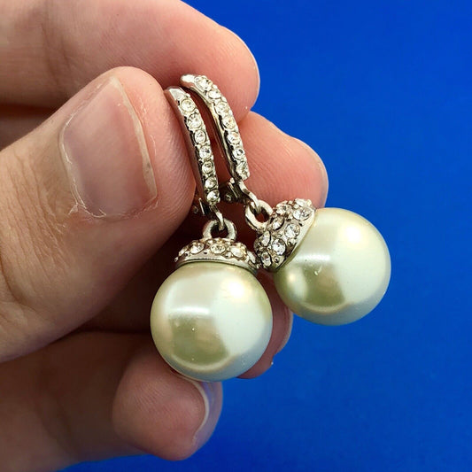 Elegant Silver Tone Faux Pearl Cubic Zirconia Drop Dangle Ball Earrings