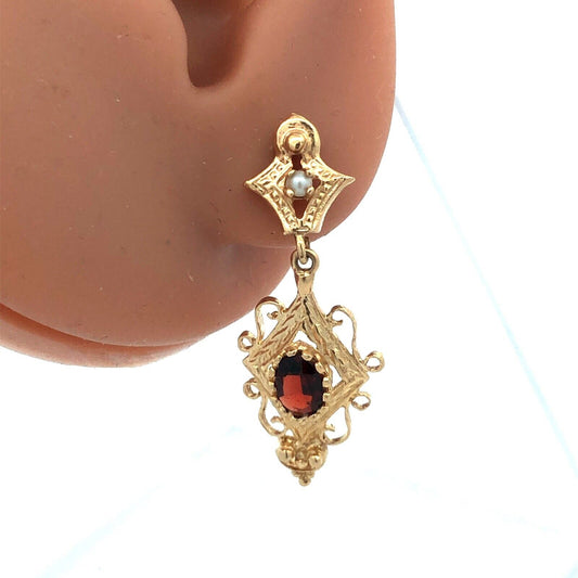 Vintage 14K Yellow Gold Oval Garnet Seed Pearl Dangle Drop Earrings