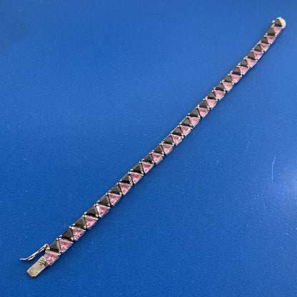 Designer UTC Pink Cubic Zirconia Black Onyx 925 Sterling Silver Tennis Bracelet
