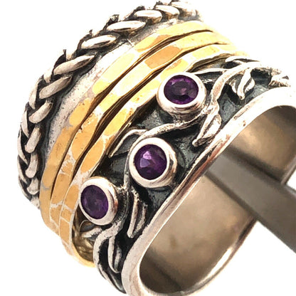 PAZ Creations 925 Sterling Silver Two Tone Amethyst Vine Wide Spinner Band Ring