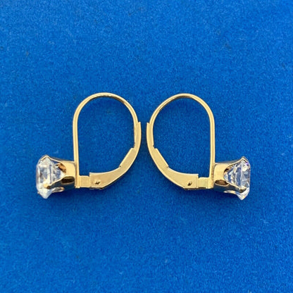 Estate 14K Yellow Gold Round Cubic Zirconia CZ Drop Dangle Leverback Earrings